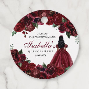 Burgundy Floral Quinceanera Circle Favour Tags
