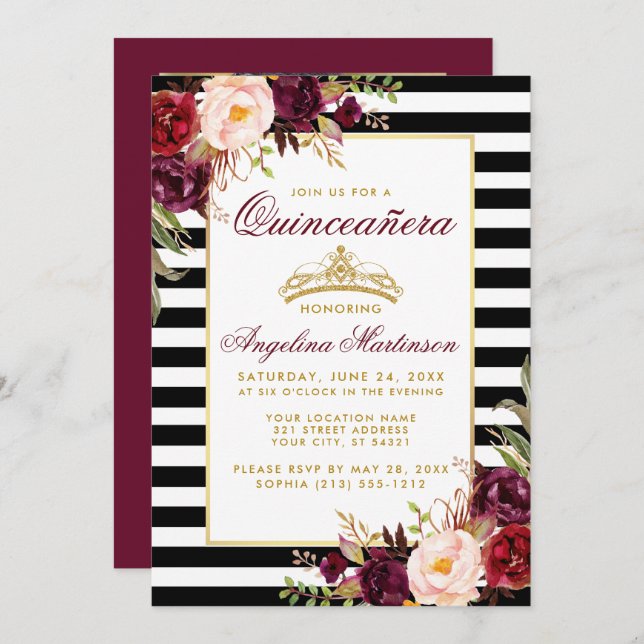 Burgundy Floral Quinceanera Crown Stripes Photo Invitation (Front/Back)