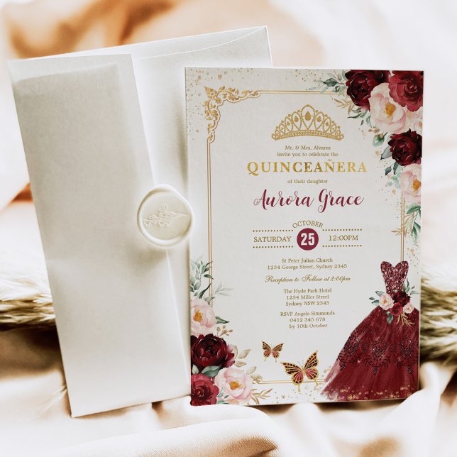 Burgundy Floral Quinceañera Princess Mis Quince  Invitation (Creator Uploaded)