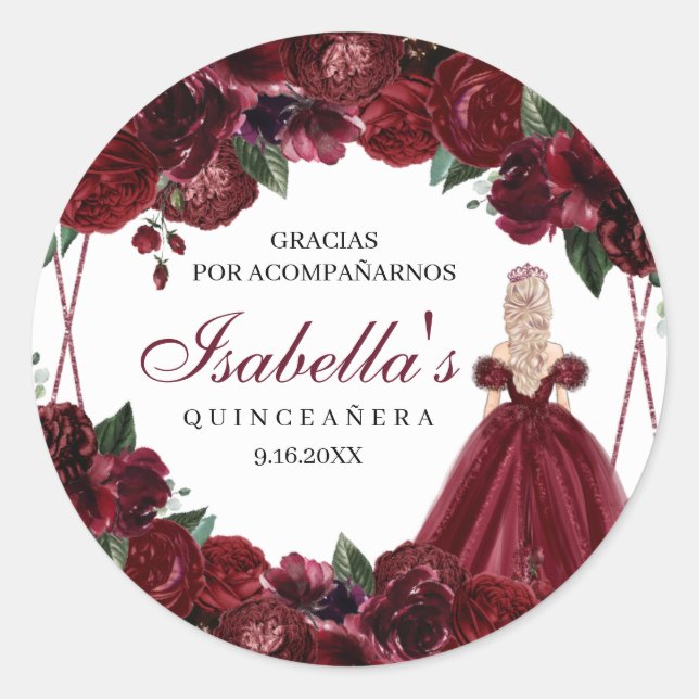 Burgundy Floral Quinceanera Round Stickers (Front)