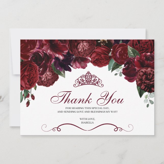 Burgundy Floral Quinceanera Thank You  Card (Front)