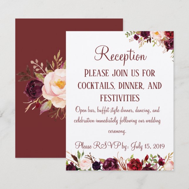Burgundy Floral Reception Wedding Enclosure Card (Front/Back)