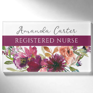 Burgundy Floral Registered Nurse Name Tag