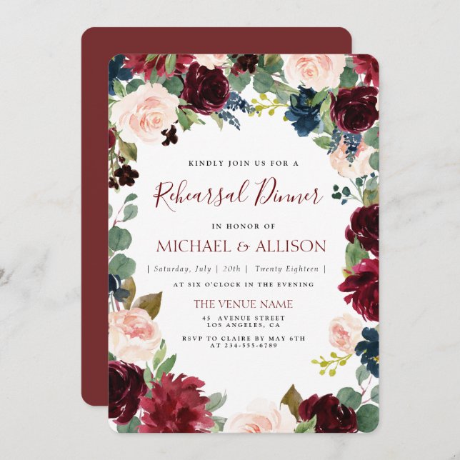 burgundy floral rehearsal dinner invitation (Front/Back)