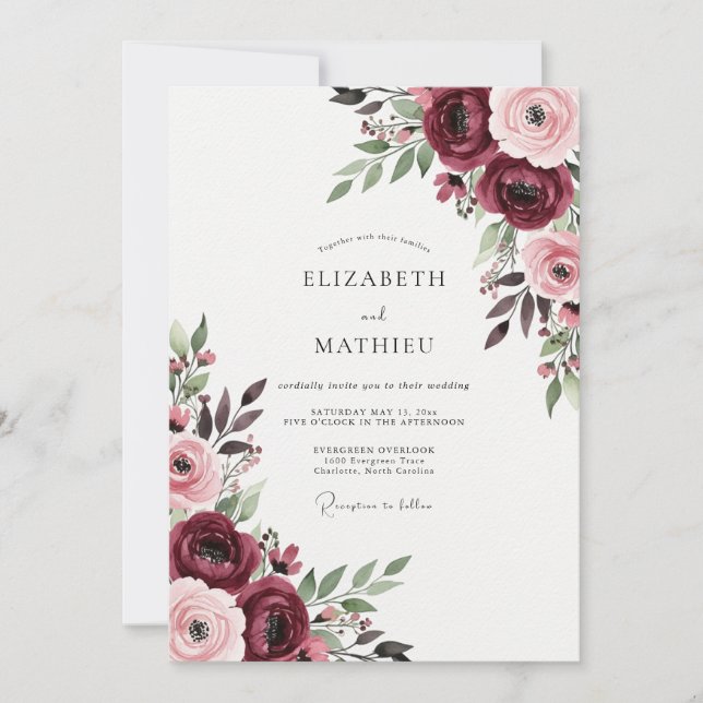 Burgundy Floral Romance Wedding Invitation (Front)