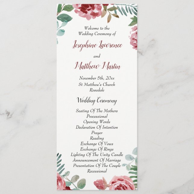 Burgundy Floral Rose Foliage Wedding Programs (Front)