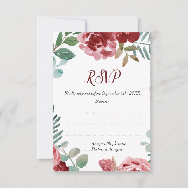 Burgundy Floral Rose Foliage Wedding RSVP Cards (Front)