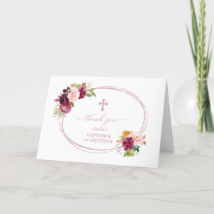 Burgundy Floral Rose Gold 1st Birthday & Baptism Thank You Card
