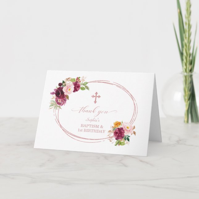 Burgundy Floral Rose Gold 1st Birthday & Baptism Thank You Card (Front)