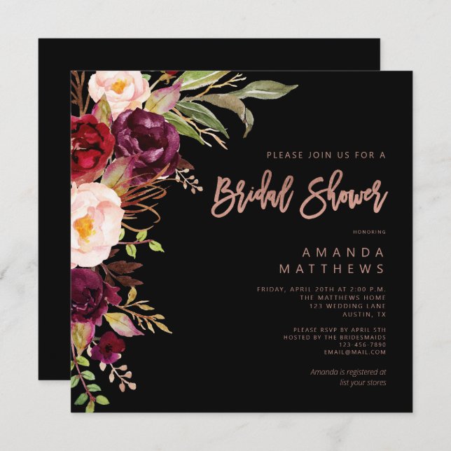 Burgundy Floral Rose Gold Black Bridal Shower Invitation (Front/Back)