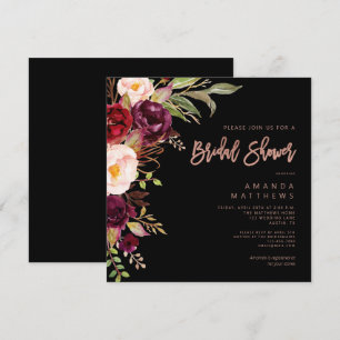 Burgundy Floral Rose Gold Black Bridal Shower Invitation