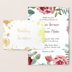Burgundy Floral Rose Gold Foil Wedding Invitations