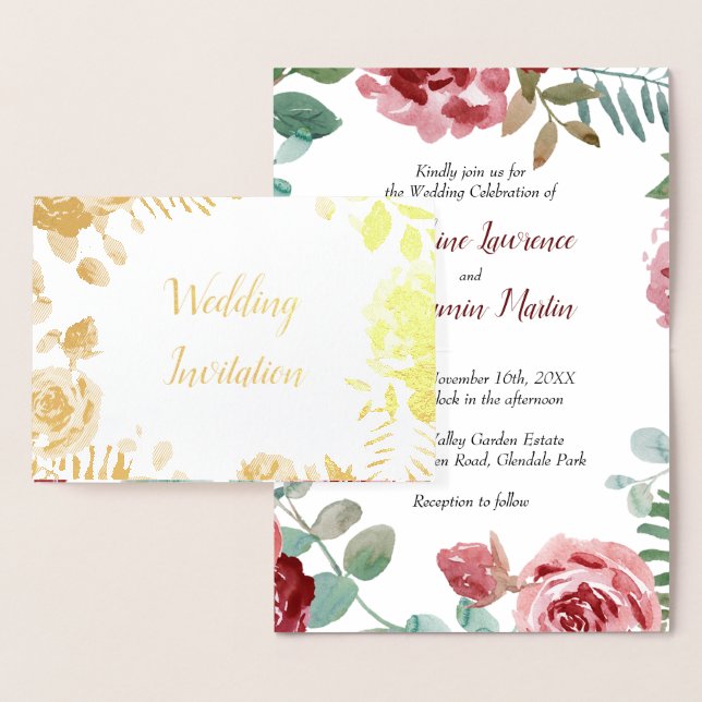 Burgundy Floral Rose Gold Foil Wedding Invitations (Display)