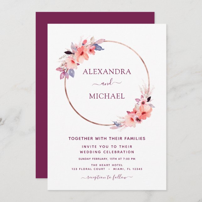 Burgundy Floral Rose Gold Geometric Wedding Invitation (Front/Back)