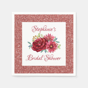 Burgundy Floral Rose Gold Glitter Bridal Shower Napkin