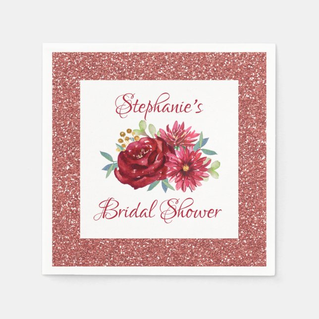 Burgundy Floral Rose Gold Glitter Bridal Shower Napkin (Front)