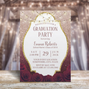 Burgundy Floral Rose Gold Glitter Ombre Graduation Invitation