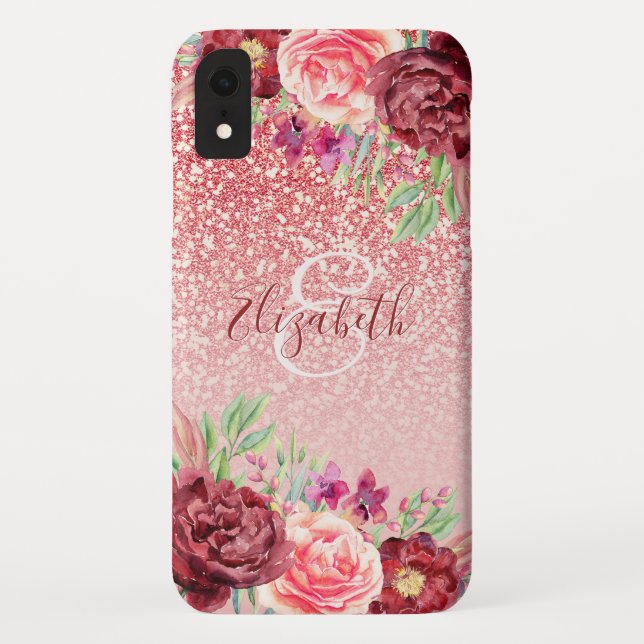 Burgundy Floral Rose Gold Glitter Personalised Case-Mate iPhone Case (Back)