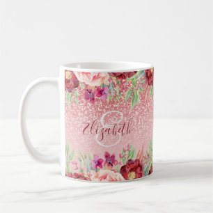 Burgundy Floral Rose Gold Glitter Personalised Coffee Mug