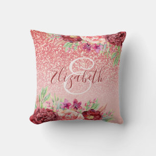 Burgundy Floral Rose Gold Glitter Personalised Cushion
