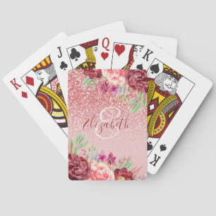 Burgundy Floral Rose Gold Glitter Personalised Playing Cards