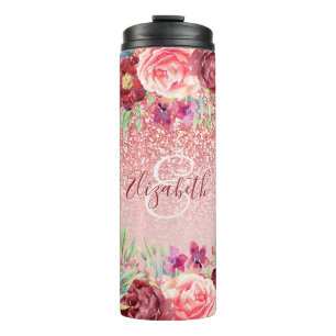 Burgundy Floral Rose Gold Glitter Personalised Thermal Tumbler