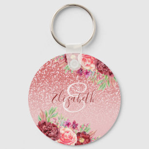 Burgundy Floral Rose Gold Glitter Personalized Key Ring