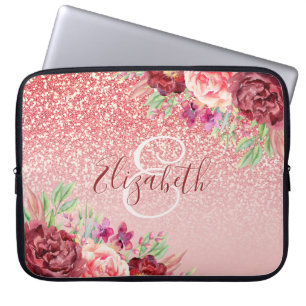 Burgundy Floral Rose Gold Glitter Personalized Laptop Sleeve
