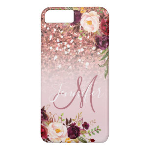 Burgundy Floral Rose Gold Glitter Sparkles Name iPhone 8 Plus/7 Plus Case