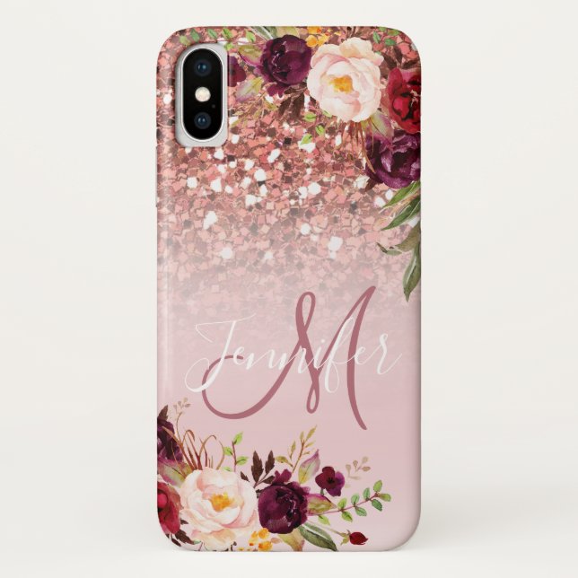 Burgundy Floral Rose Gold Glitter Sparkles Name Case-Mate iPhone Case (Back)