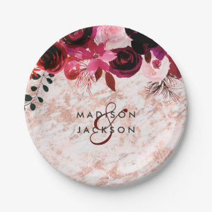Burgundy Floral Rose Gold Marble Wedding Monogram Paper Plate