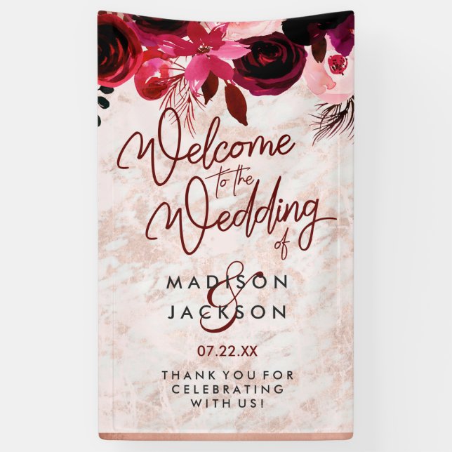 Burgundy Floral & Rose Gold Marble Wedding Welcome Banner (Vertical)