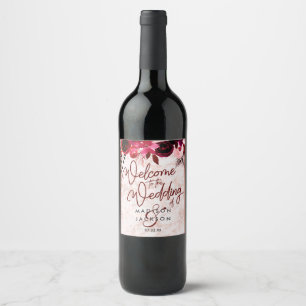 Burgundy Floral & Rose Gold Marble Wedding Welcome Wine Label