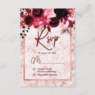 Burgundy Floral & Rose Gold Marbled Wedding RSVP Card