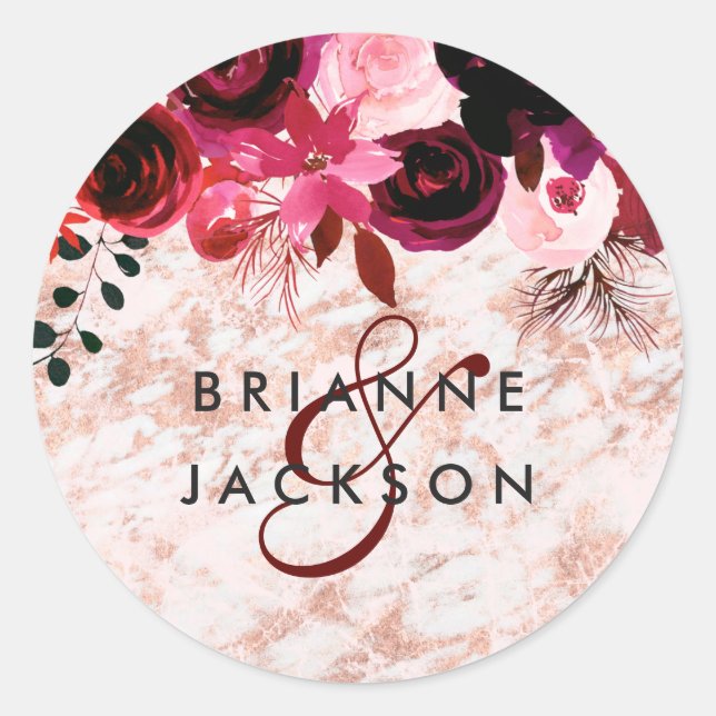 Burgundy Floral & Rose Gold Monogram Wedding Classic Round Sticker (Front)