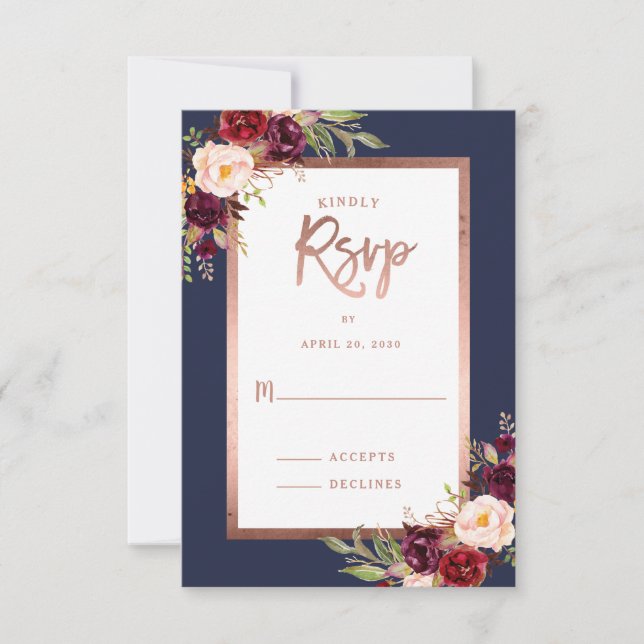 Burgundy Floral Rose Gold Moody Wedding RSVP Card (Front)