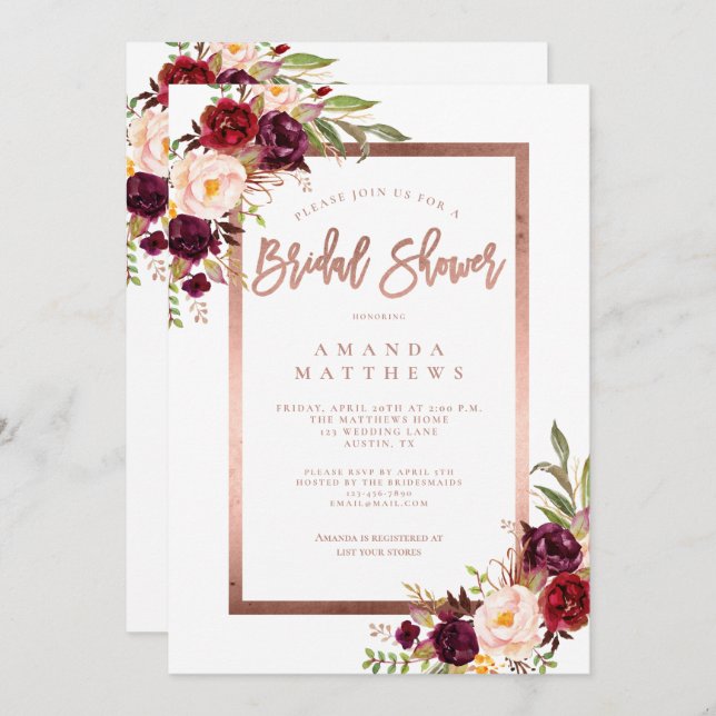 Burgundy Floral Rose Gold Script Bridal Shower Invitation (Front/Back)