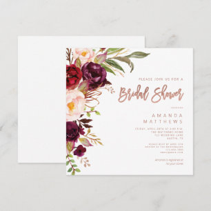 Burgundy Floral Rose Gold Script Bridal Shower Invitation