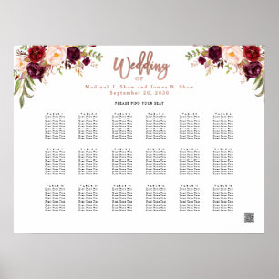 Burgundy Floral Rose Gold Wedding Seating Chart
