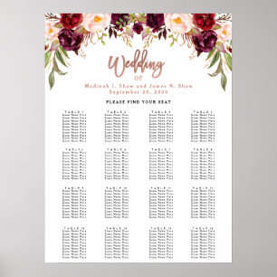 Burgundy Floral Rose Gold Wedding Seating Chart