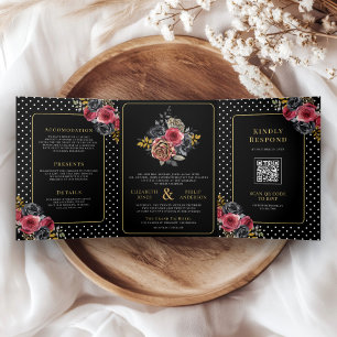 Burgundy Floral Roses All in One Black Wedding Tri-Fold Invitation
