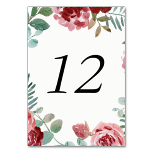 Burgundy Floral Roses Foliage Table Number Cards