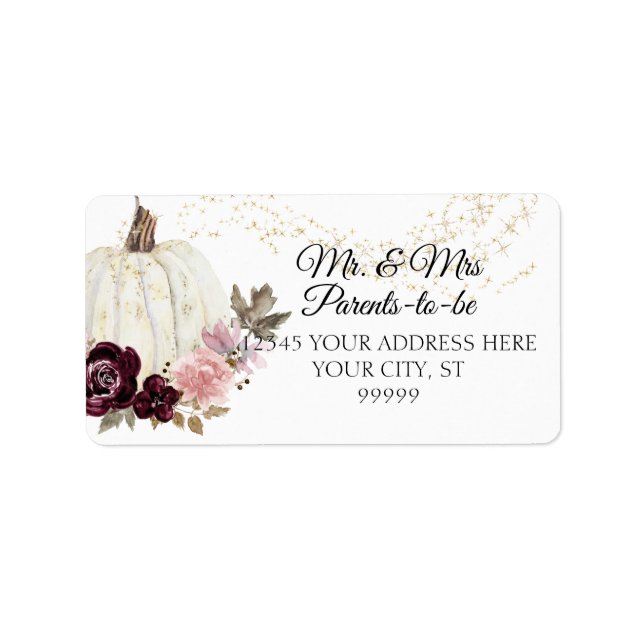Burgundy Floral Roses Gold Pumpkin Address Label (Front)