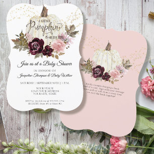 Burgundy Floral Roses Gold Pumpkin Baby Shower Invitation