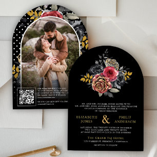 Burgundy Floral Roses QR Code Photo Black Wedding Invitation