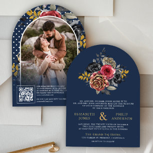 Burgundy Floral Roses QR Code Photo Navy Wedding Invitation