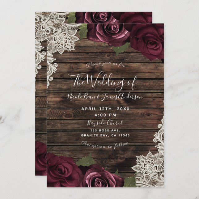 Burgundy Floral Roses Rustic Wood Lace Wedding Invitation (Front/Back)