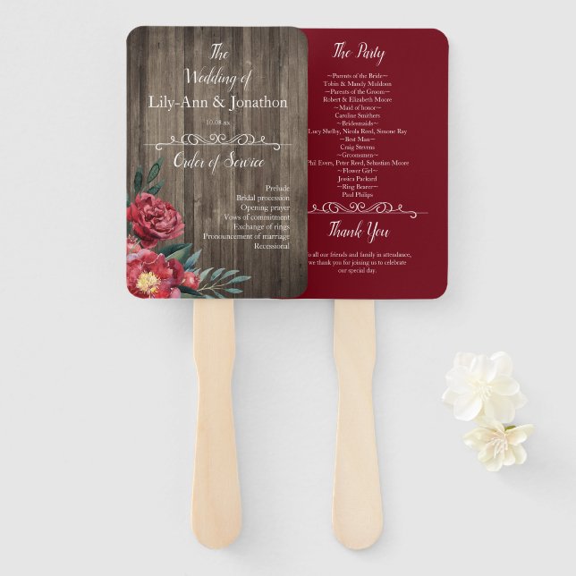 Burgundy Floral Rustic Barn Wood Wedding Hand Fan (Front and Back)