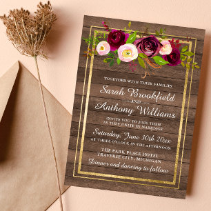 Burgundy Floral Rustic Gold Blush Rose Wedding Invitation