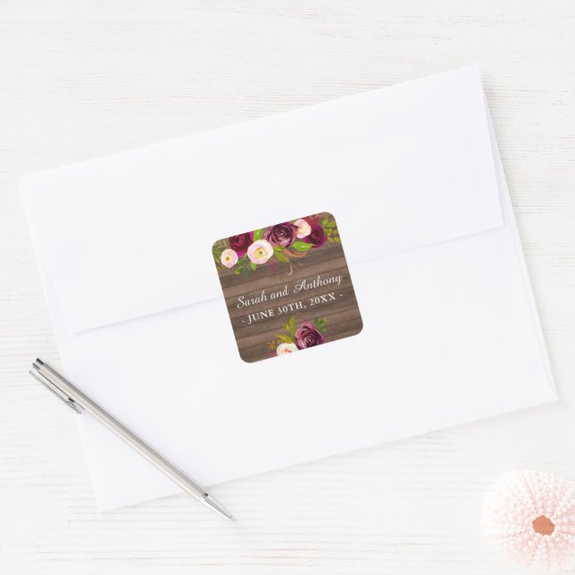 Burgundy Floral Rustic Gold Blush Rose Wedding Square Sticker (Envelope)